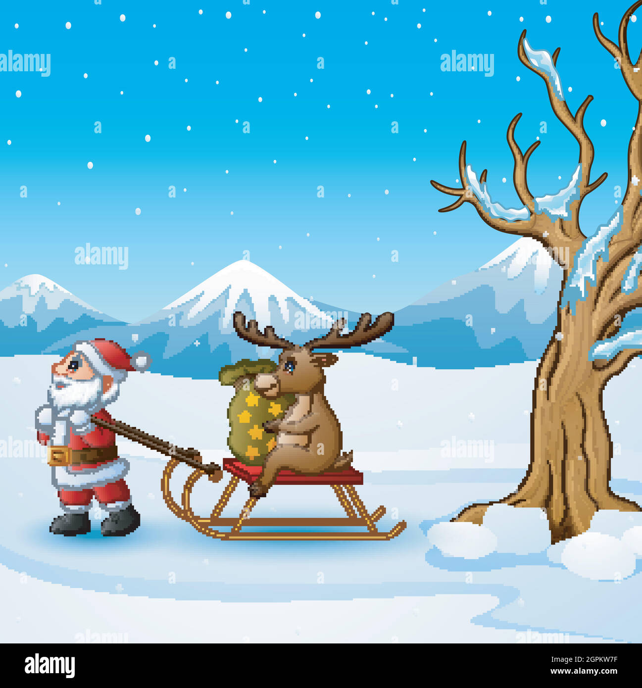 Cartoon funny santa claus pulling reindeer on a sleigh with sack of gifts  Stock Vector Image & Art - Alamy