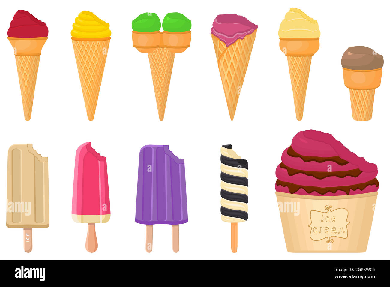big kit ice cream popsicle different types in cone waffle cup Stock