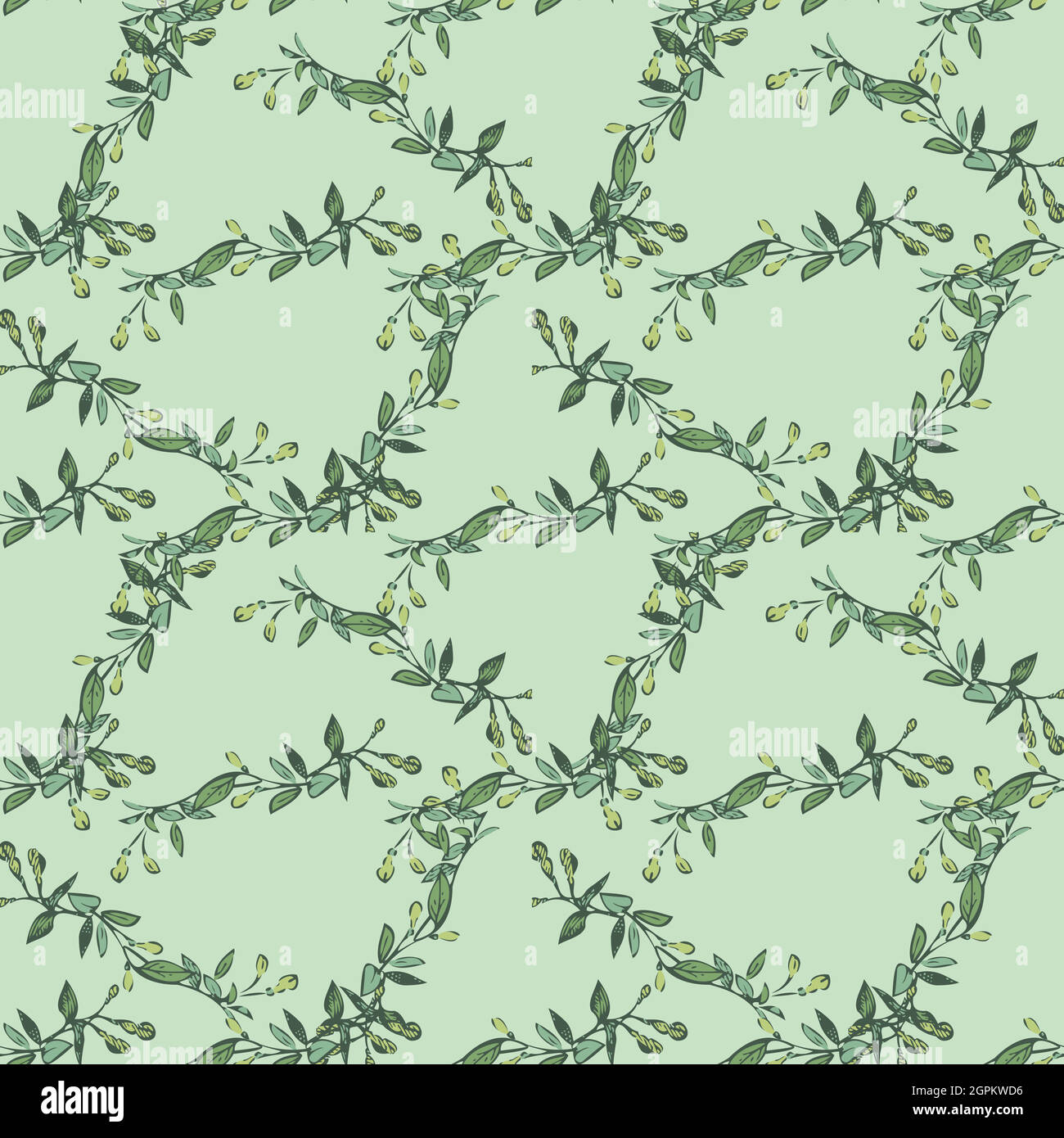 Eucalyptus tree branch with buds drawing, floral seamless pattern, nature abstract background vector. Line art botanical illustration graphic design print, fabric. Trendy green mint colors wallpaper Stock Vector