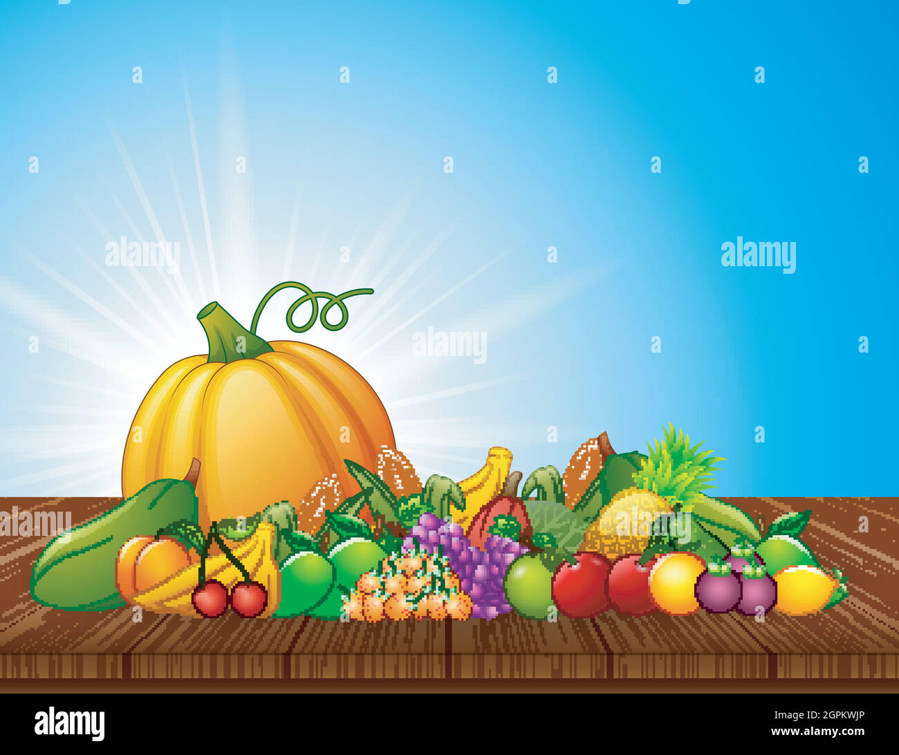 Cartoon fruits and vegetables on wooden table Stock Vector