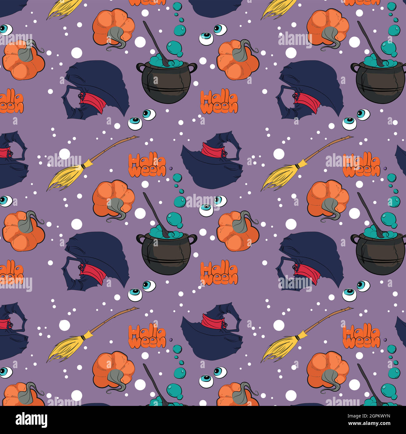 Witch's cauldron and white dots purple background Stock Vector