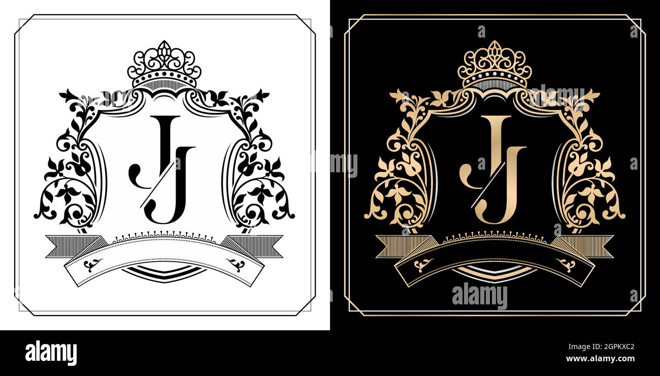 J J royal emblem with crown, initial letter and graphic name Frames Border of floral designs with two variation colors, set of gold framed labels with flowers for insignia, initial letter wedding name Stock Vector