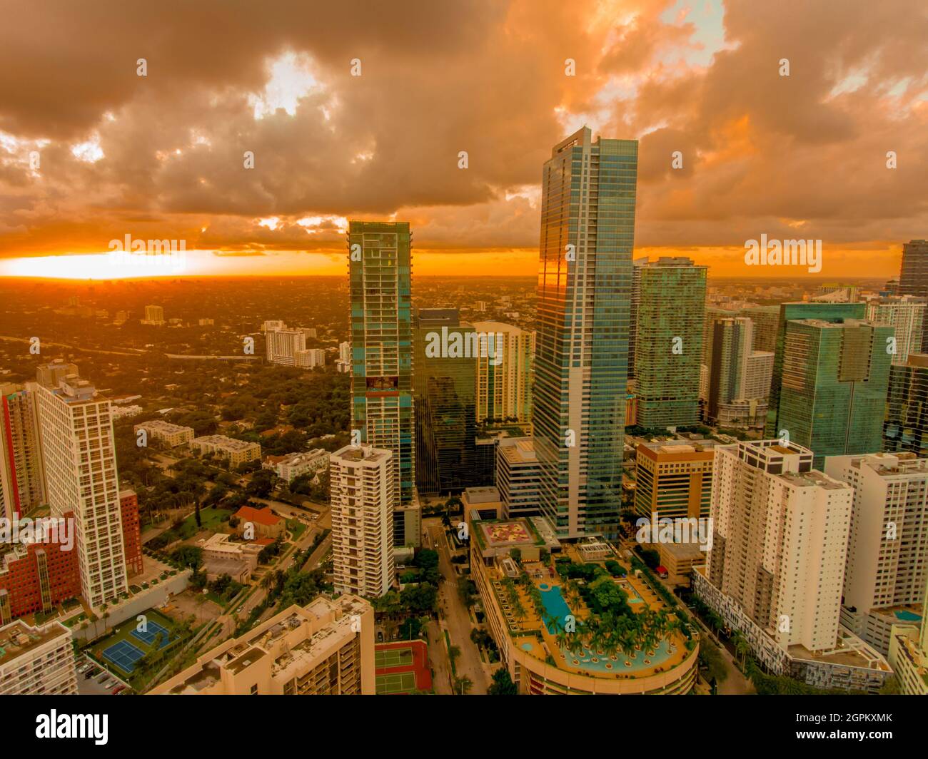 Aerial view of sunset from Brickell neighborhood in Miami, Florida with astounding clouds and urban landscape Stock Photo
