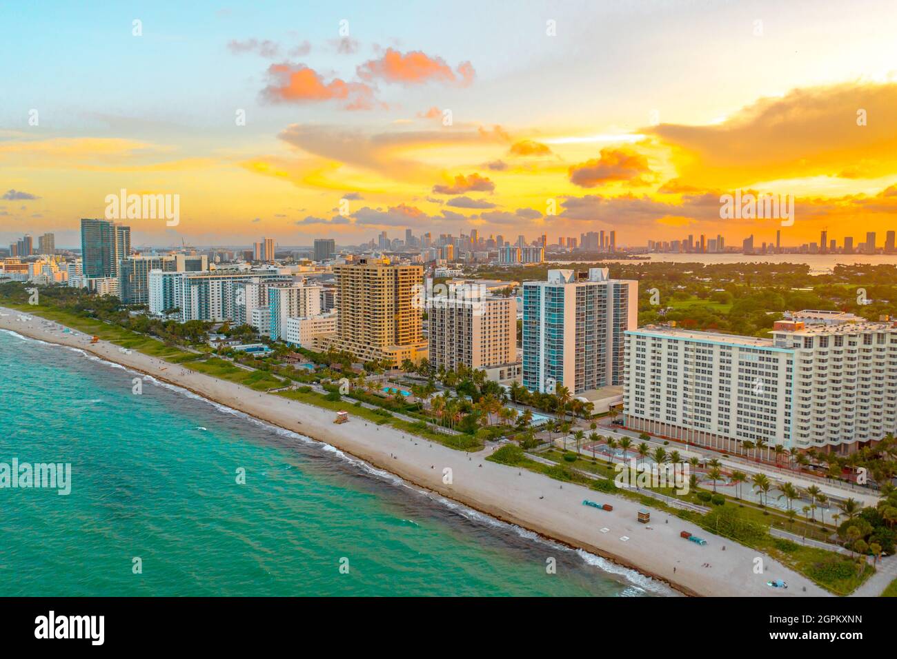 Gorgeous aerial view of sunset in Miami Beach, Florida from a drone Stock Photo