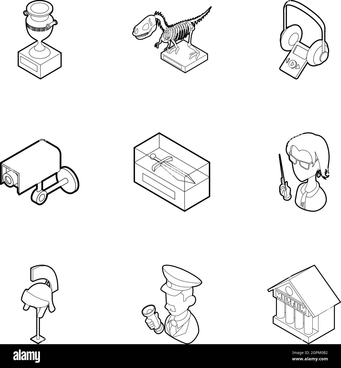Items in museum icons set, outline style Stock Vector