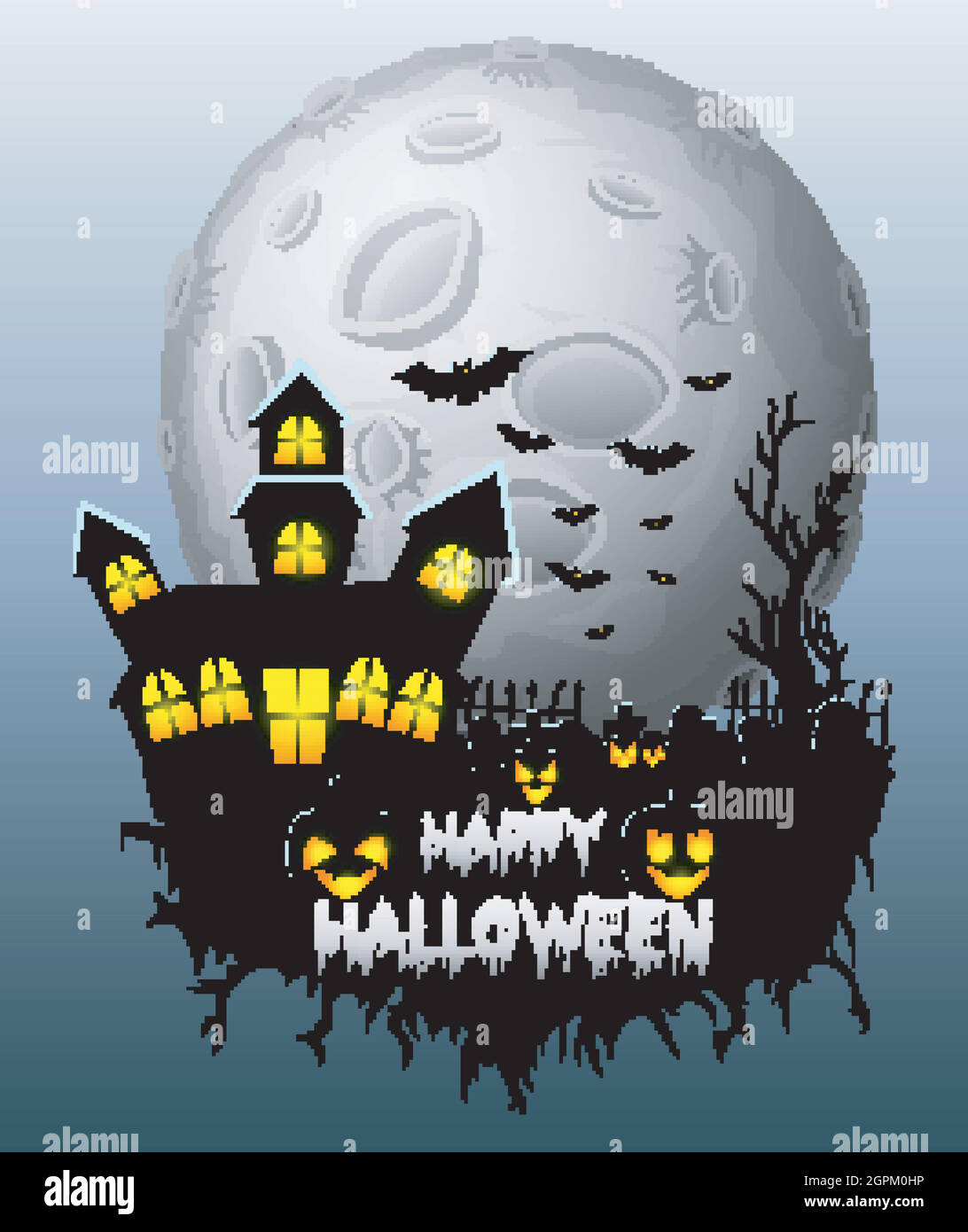 Halloween Poster night background with creepy castle and pumpkins Stock Vector