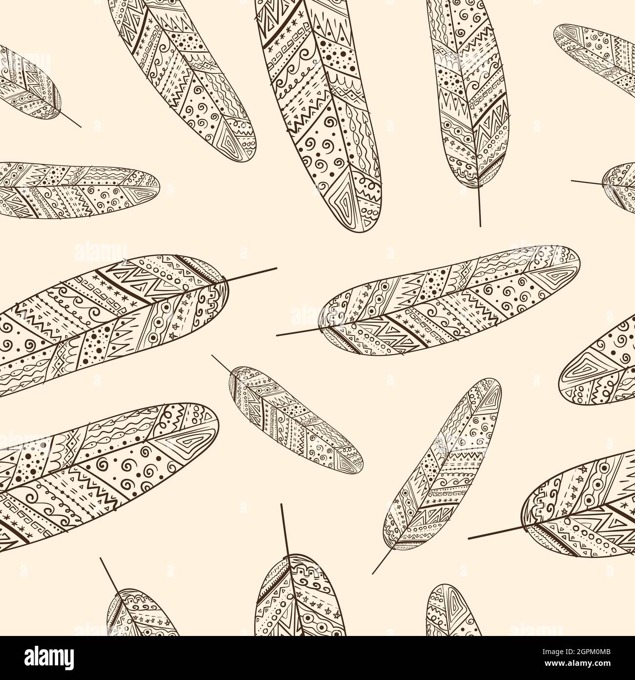 Endless pattern with brown feathers with tracing Stock Vector