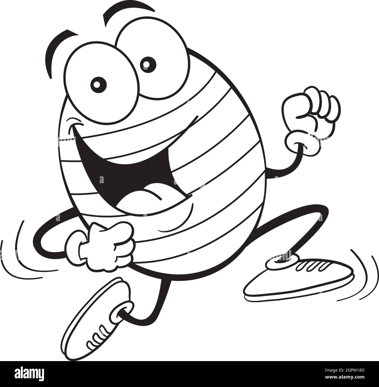 Black and white illustration of a running Easter egg. Stock Vector