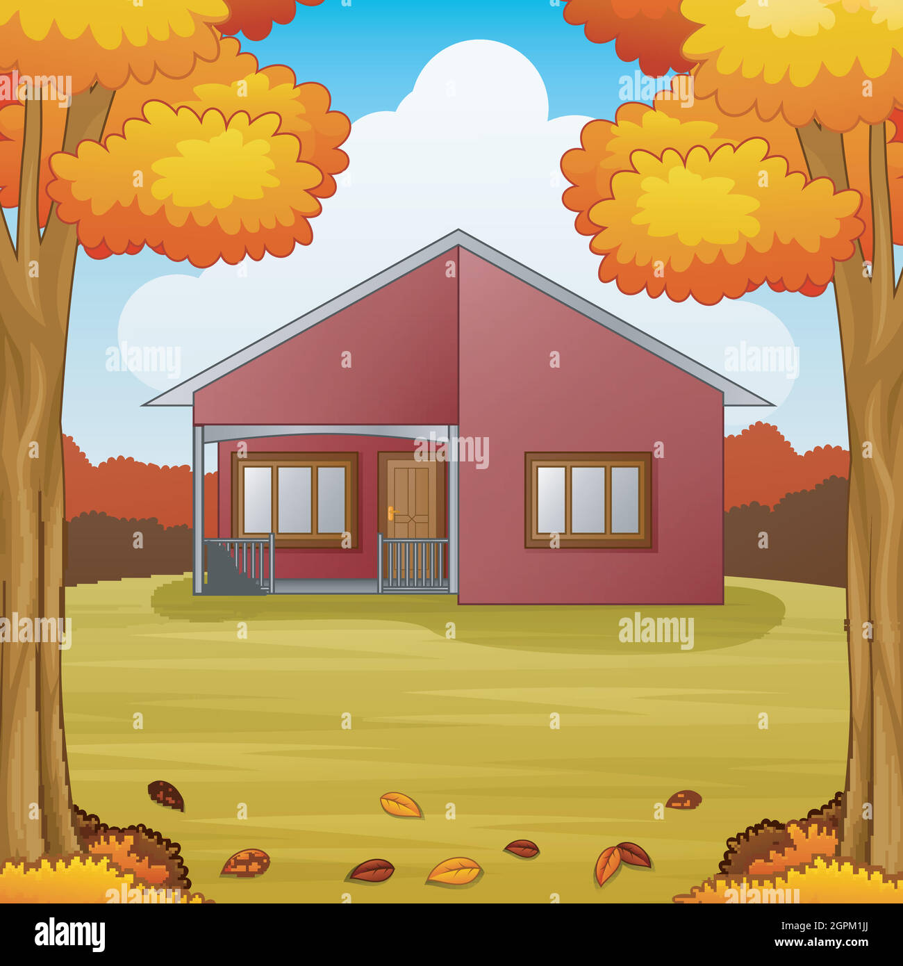 Autumn season background with red house and fall leaves Stock Vector