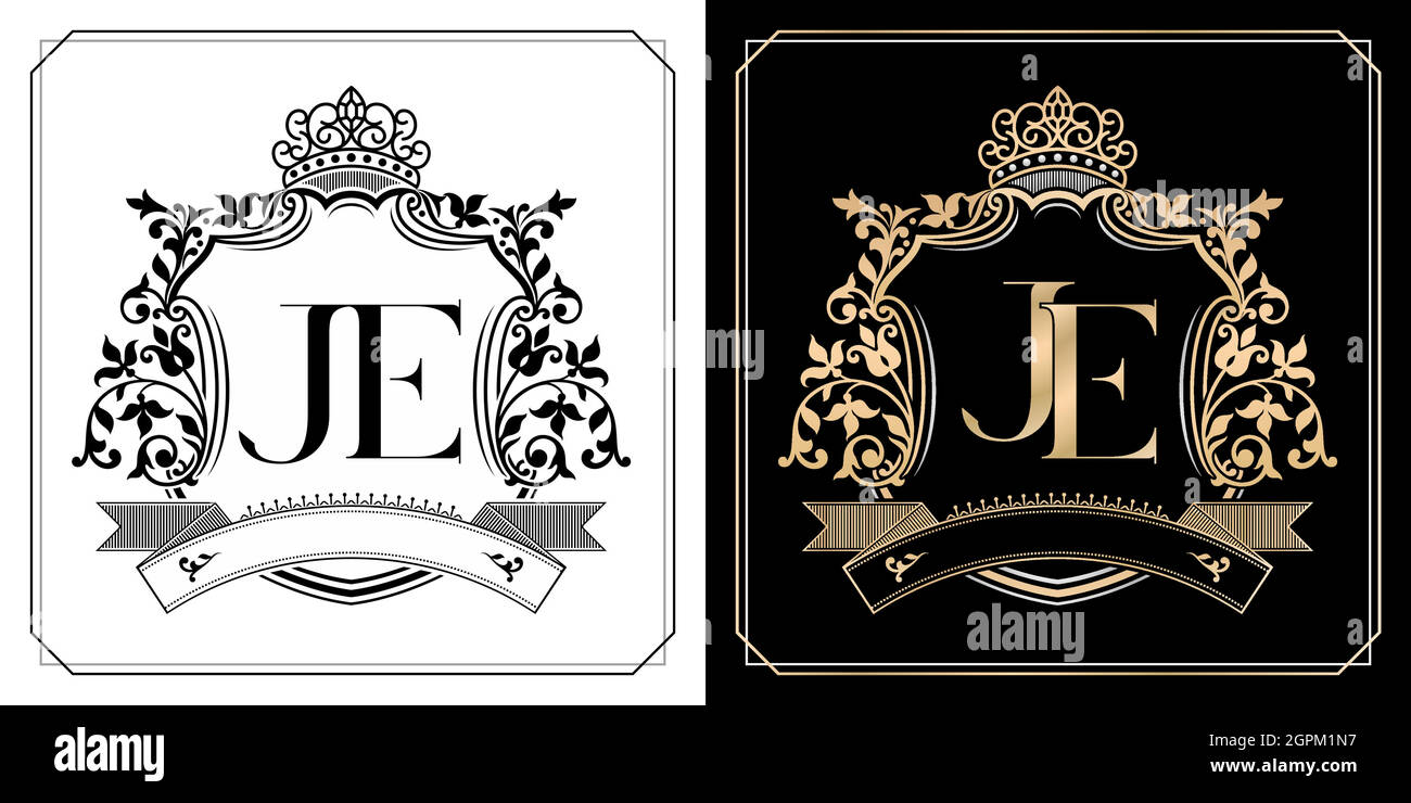 JE royal emblem with crown, set of black and white labels, initial letter and graphic name Frames Border of floral designs, JE Monogram, for insignia, initial letter frames border, wedding couple name Stock Vector