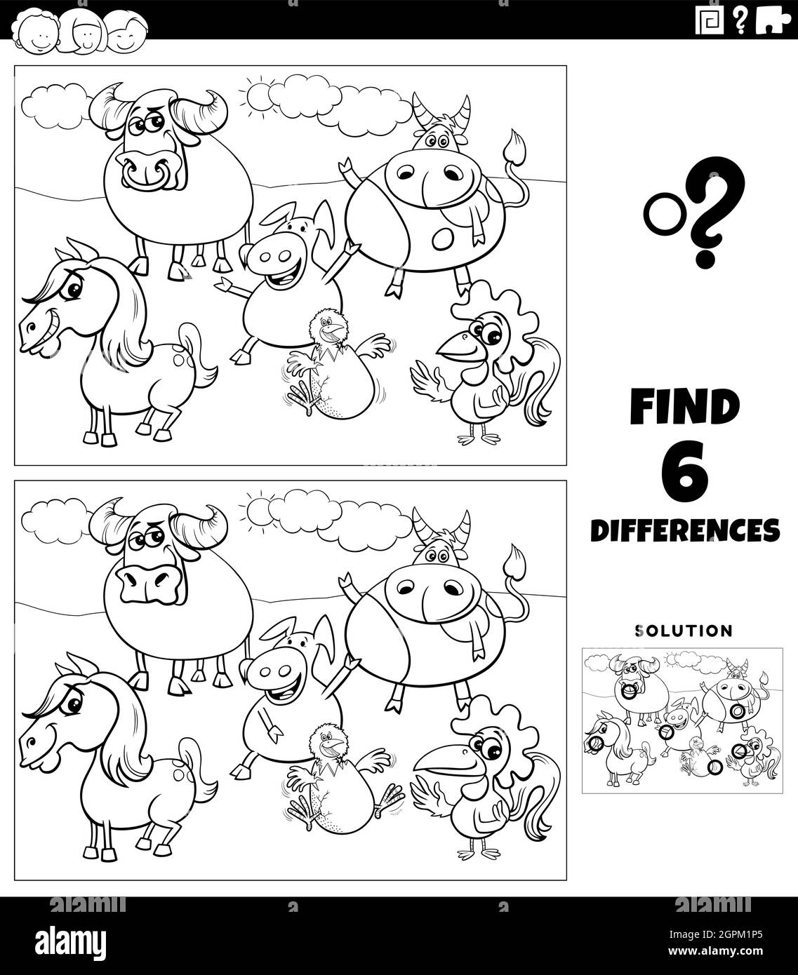 differences game with farm animals coloring book page Stock Vector ...