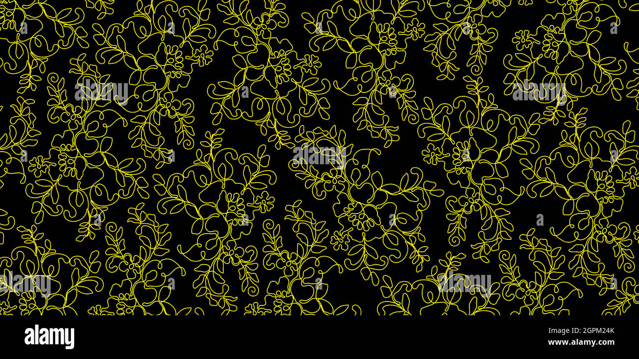 Lines Flowers and Floral Patters Backgrounds with yellow colors and isolated black backgrounds, applicable for garment, textile, fabric printing, website banner, and screen printing for clothes. Stock Vector