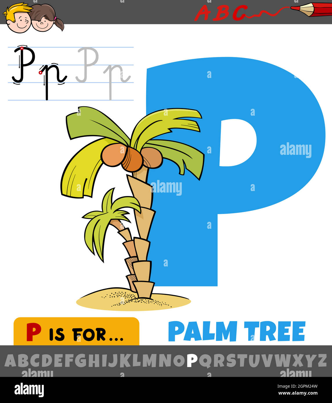 letter P from alphabet with cartoon palm tree Stock Vector