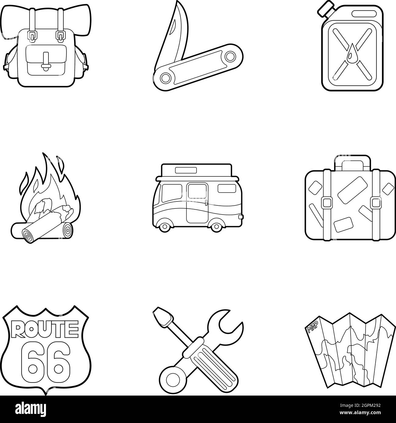 Camp icons set, outline style Stock Vector