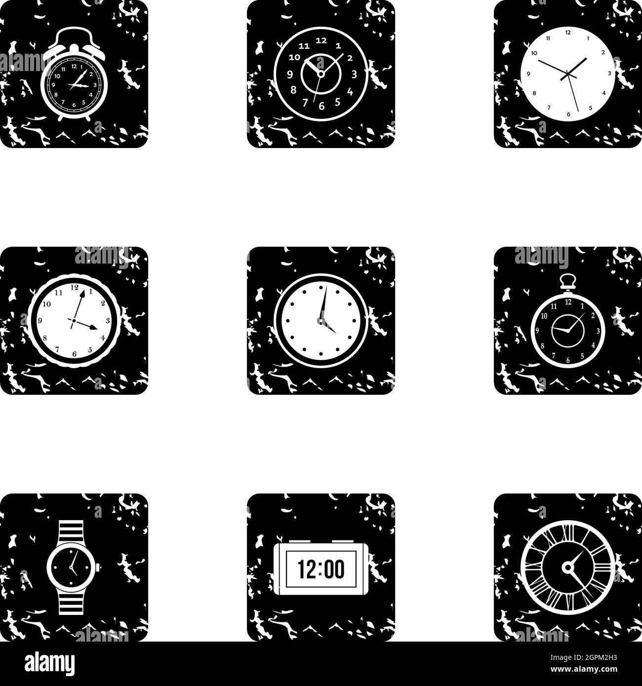 Clock icons set, grunge style Stock Vector