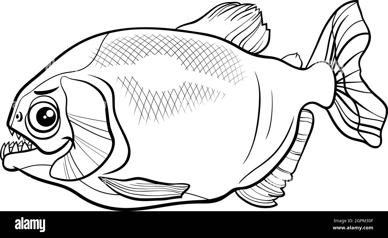cartoon piranha fish animal character coloring book page Stock Vector