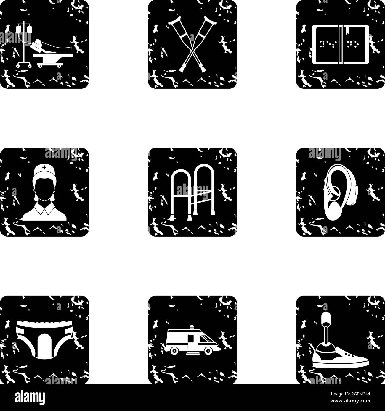 Assistance for disabled icons set, grunge style Stock Vector