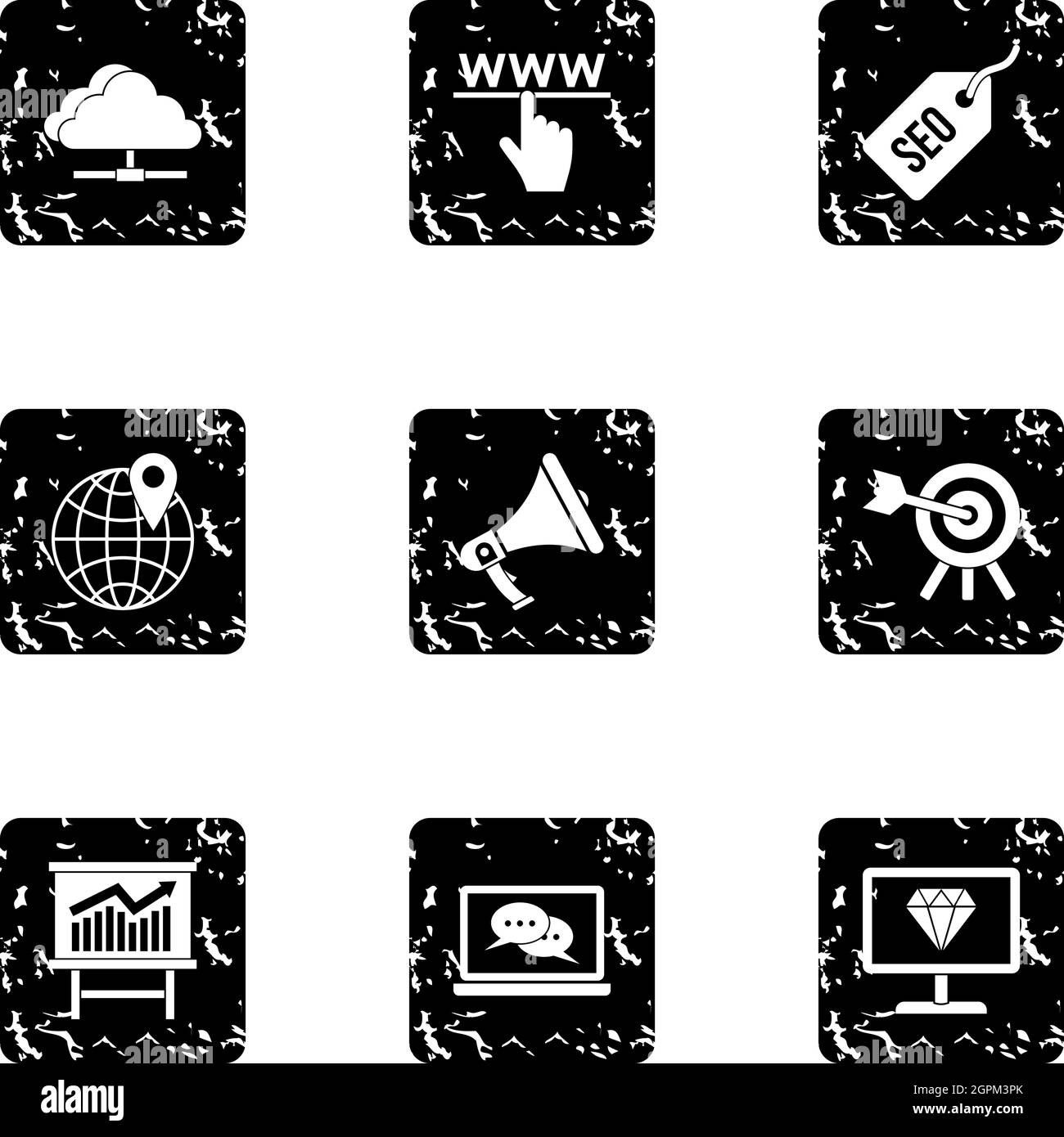 SEO optimization icons set, grunge style Stock Vector