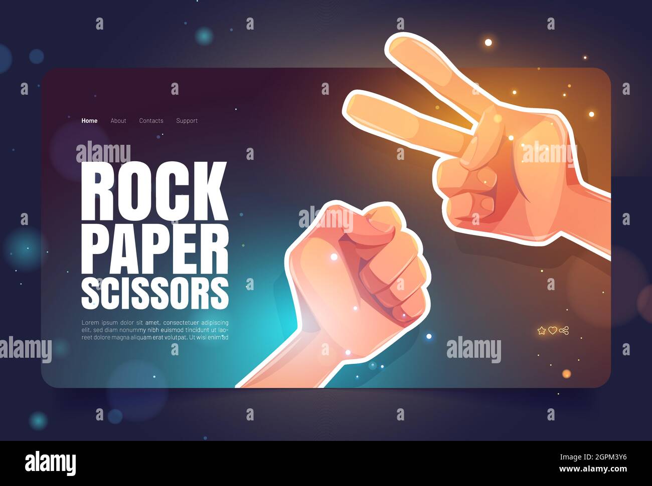Rock, paper, scissors banner with hands in fist and victory symbol