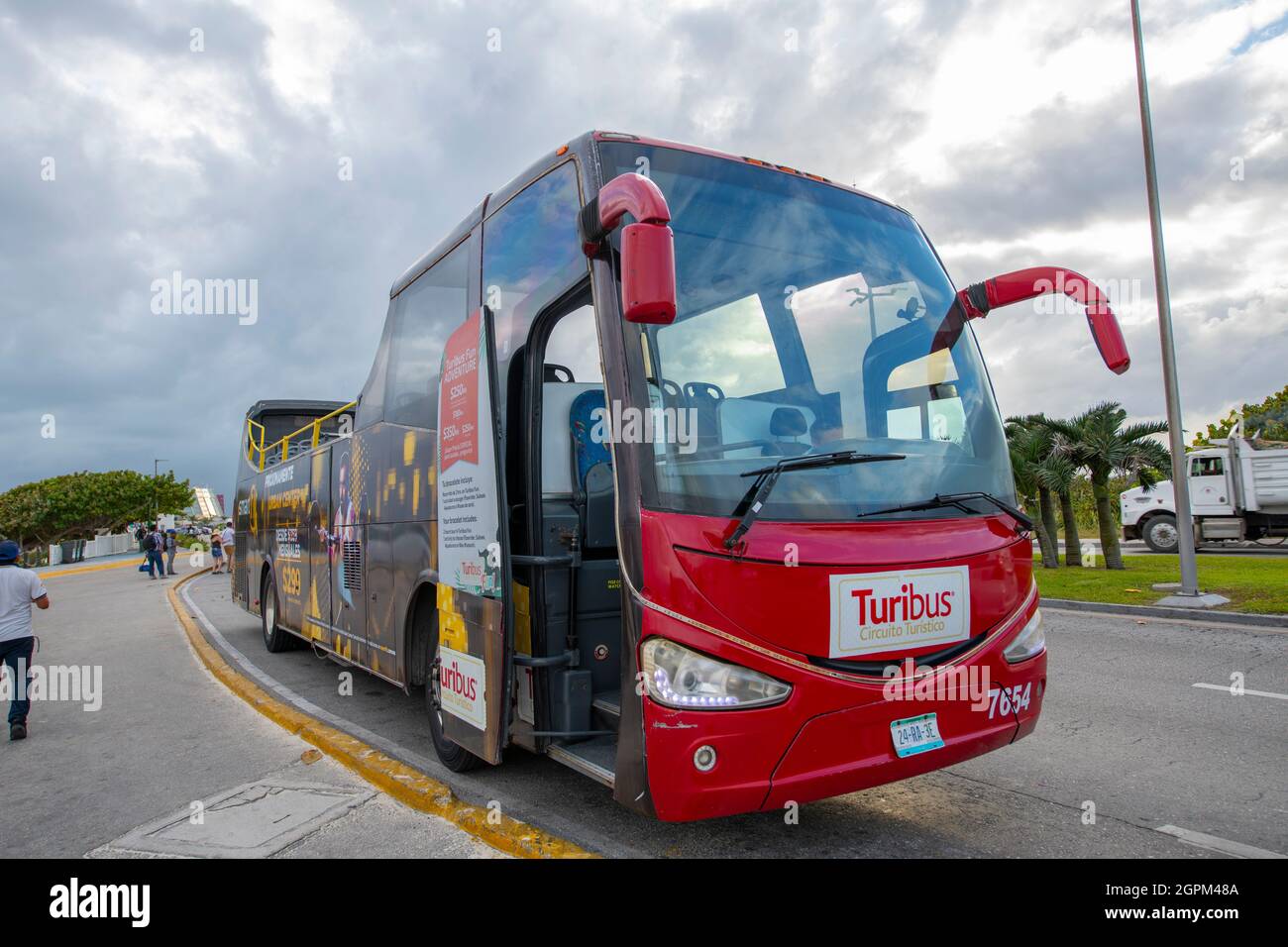 Double deck tour bus Turibus on Cancun hotel zone in city of Cancun, Quintana Roo QR, Mexico. Stock Photo