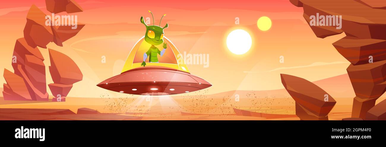 Cute martian in ufo on Mars red alien planet landscape ...