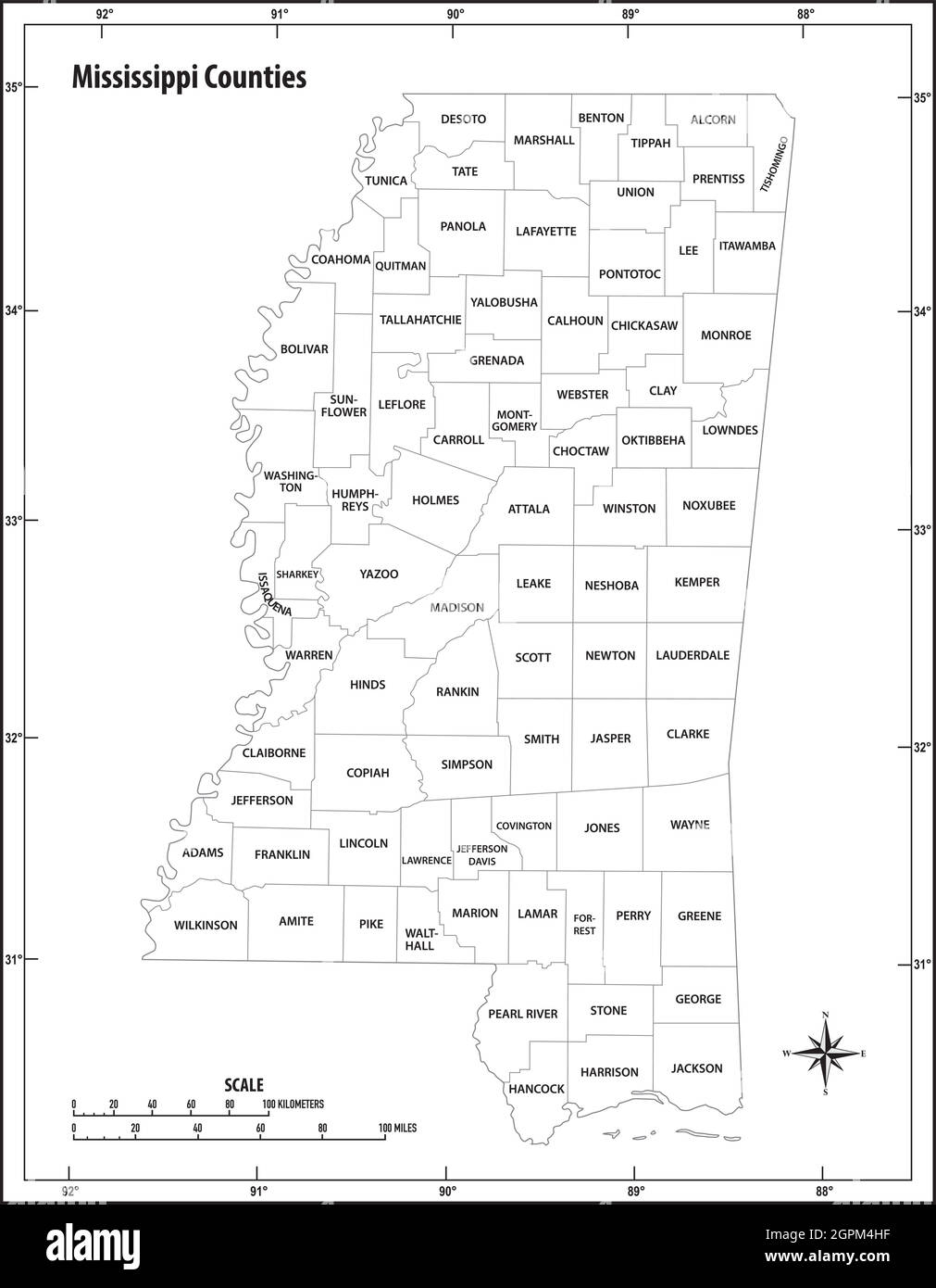 mississippi state outline administrative and political vector map in black and white Stock Vector
