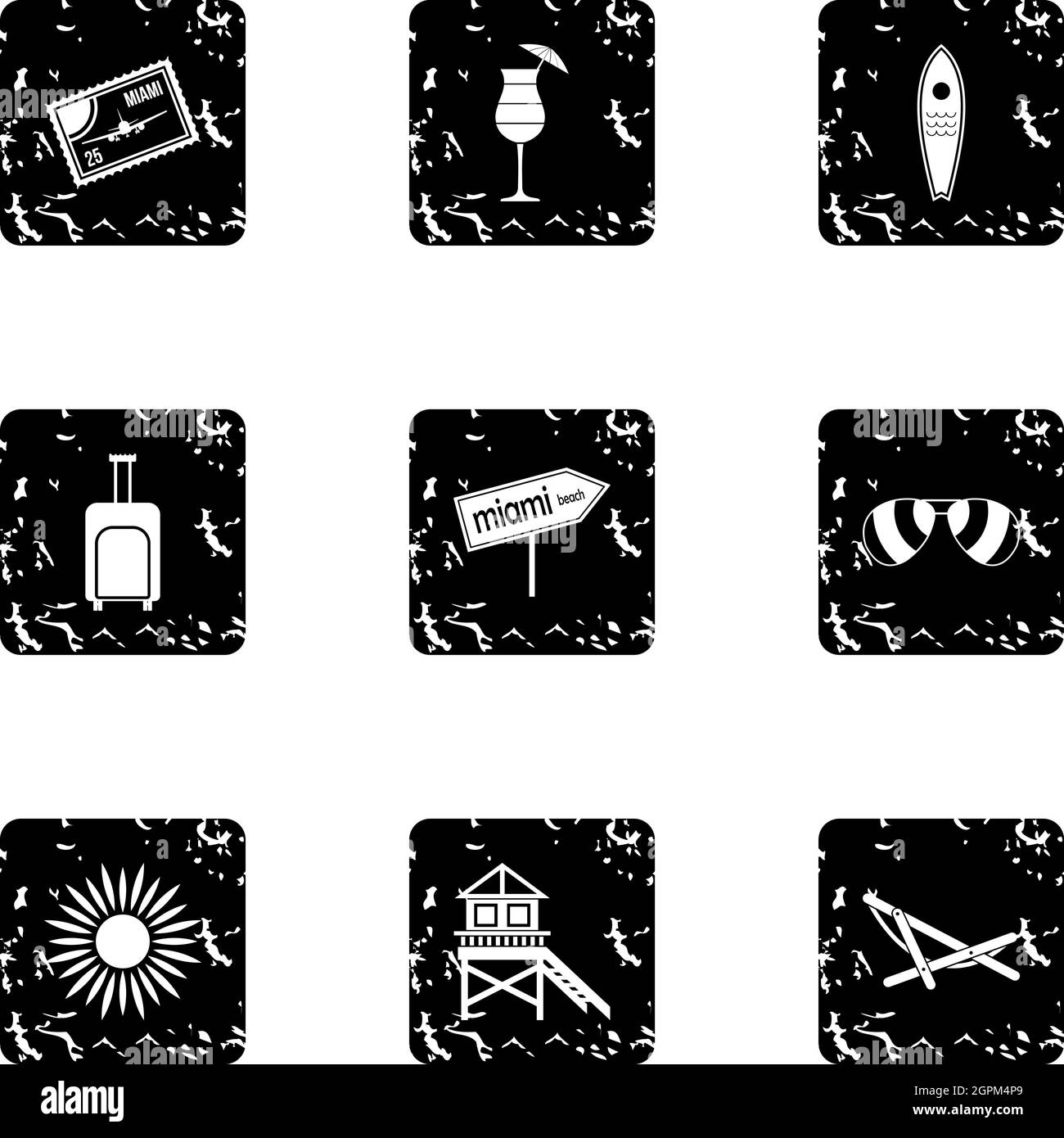 Miami icons set, grunge style Stock Vector