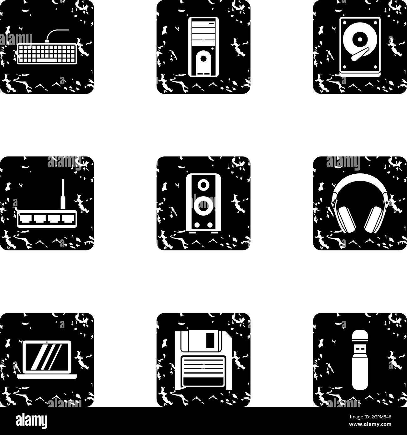 Computer protection icons set, grunge style Stock Vector