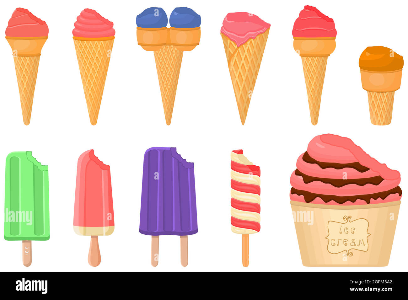 big kit ice cream popsicle different types in cone waffle cup Stock