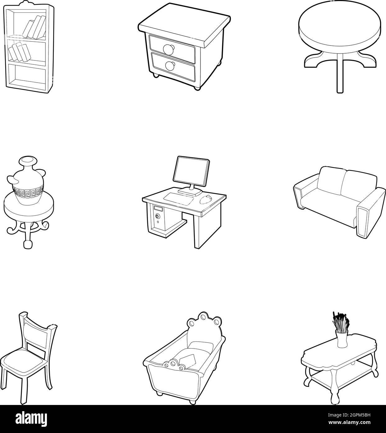 Home furnishings icons set, outline style Stock Vector