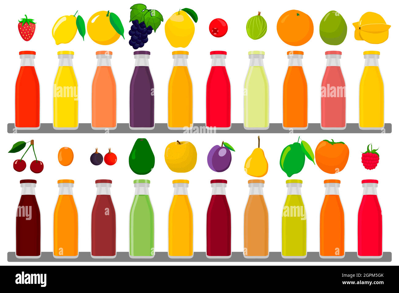 big kit glass bottles with caps filled liquid multicolored fruit juice