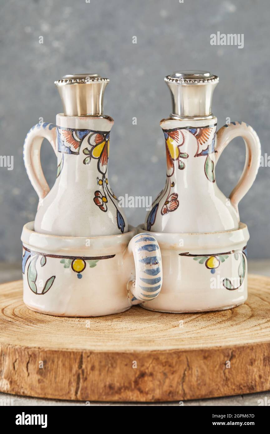 Antique crockery, two ceramic decanters for wine. Stock Photo