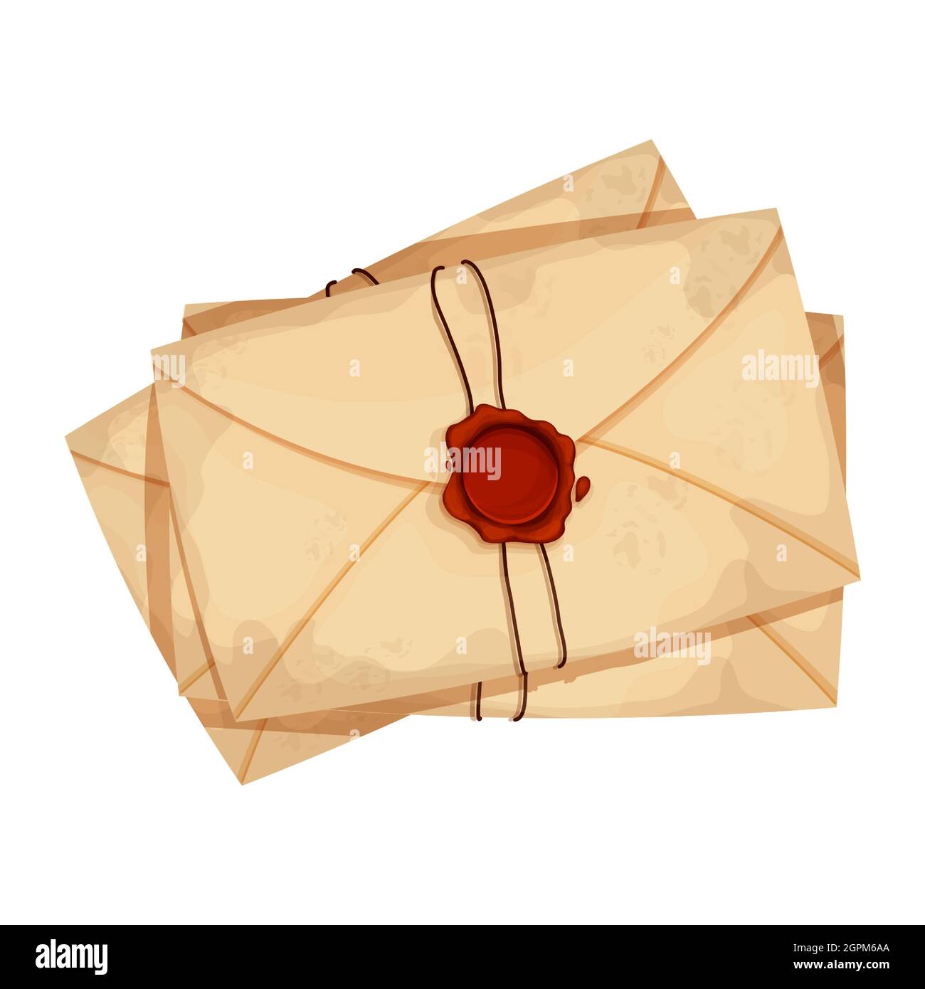 Pile of envelope, letters with wax seal and rope vintage craft paper in cartoon style isolated on white background. Retro delivery, greeting. . Vector Stock Vector