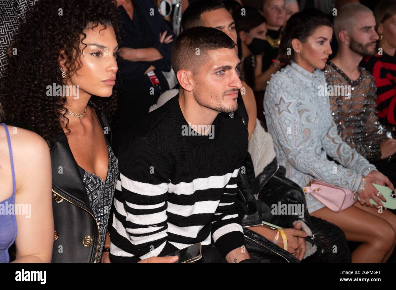 Marco Verratti and his wife Jessica Aidi attend the Balmain Festival as
