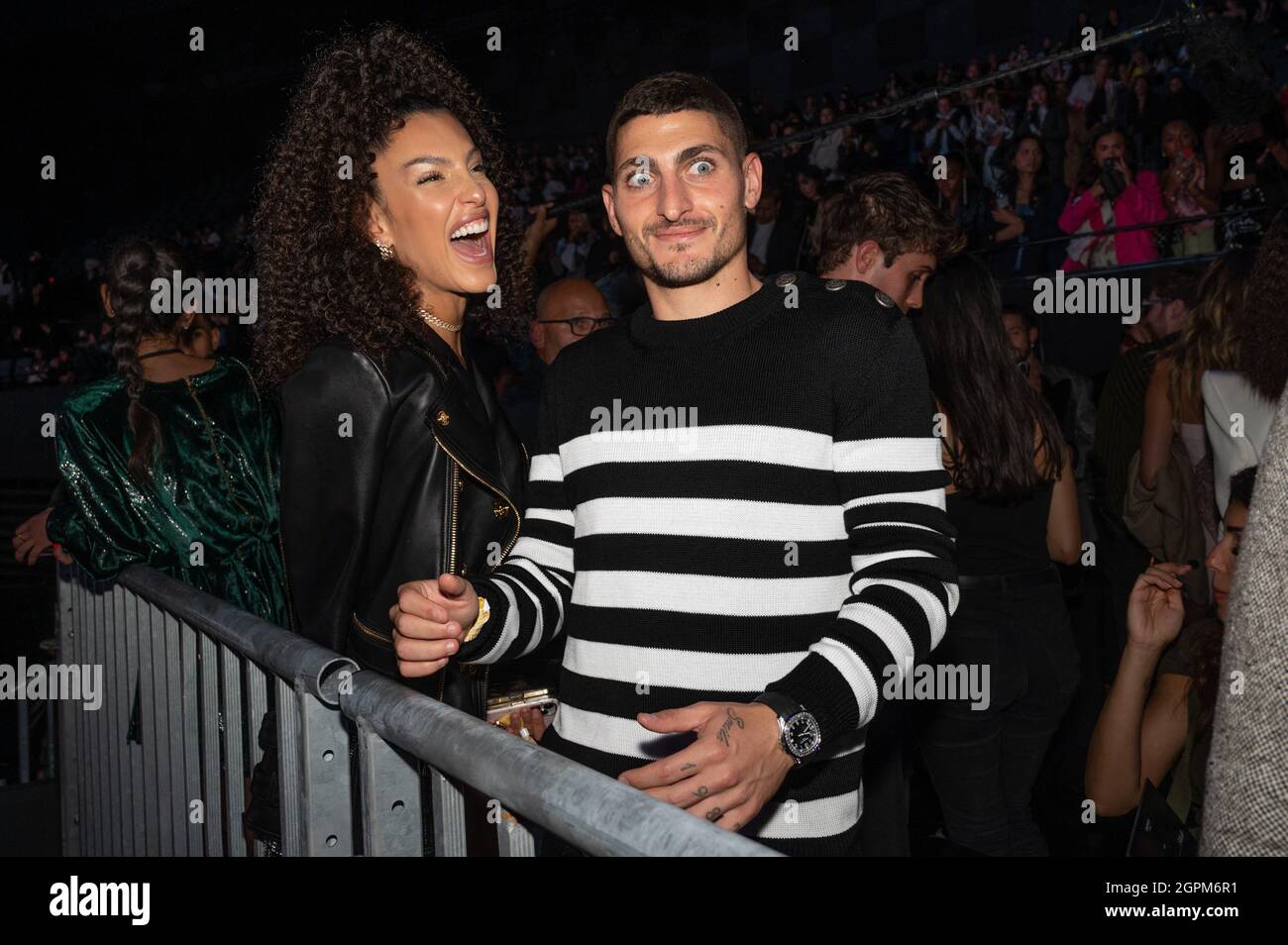 Marco Verratti and his wife Jessica Aidi attend the Balmain Festival as