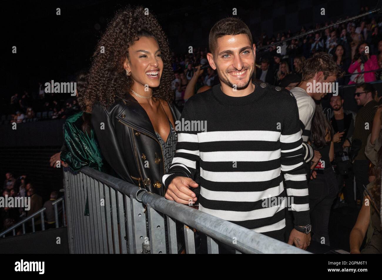 Marco Verratti and his wife Jessica Aidi attend the Balmain Festival as