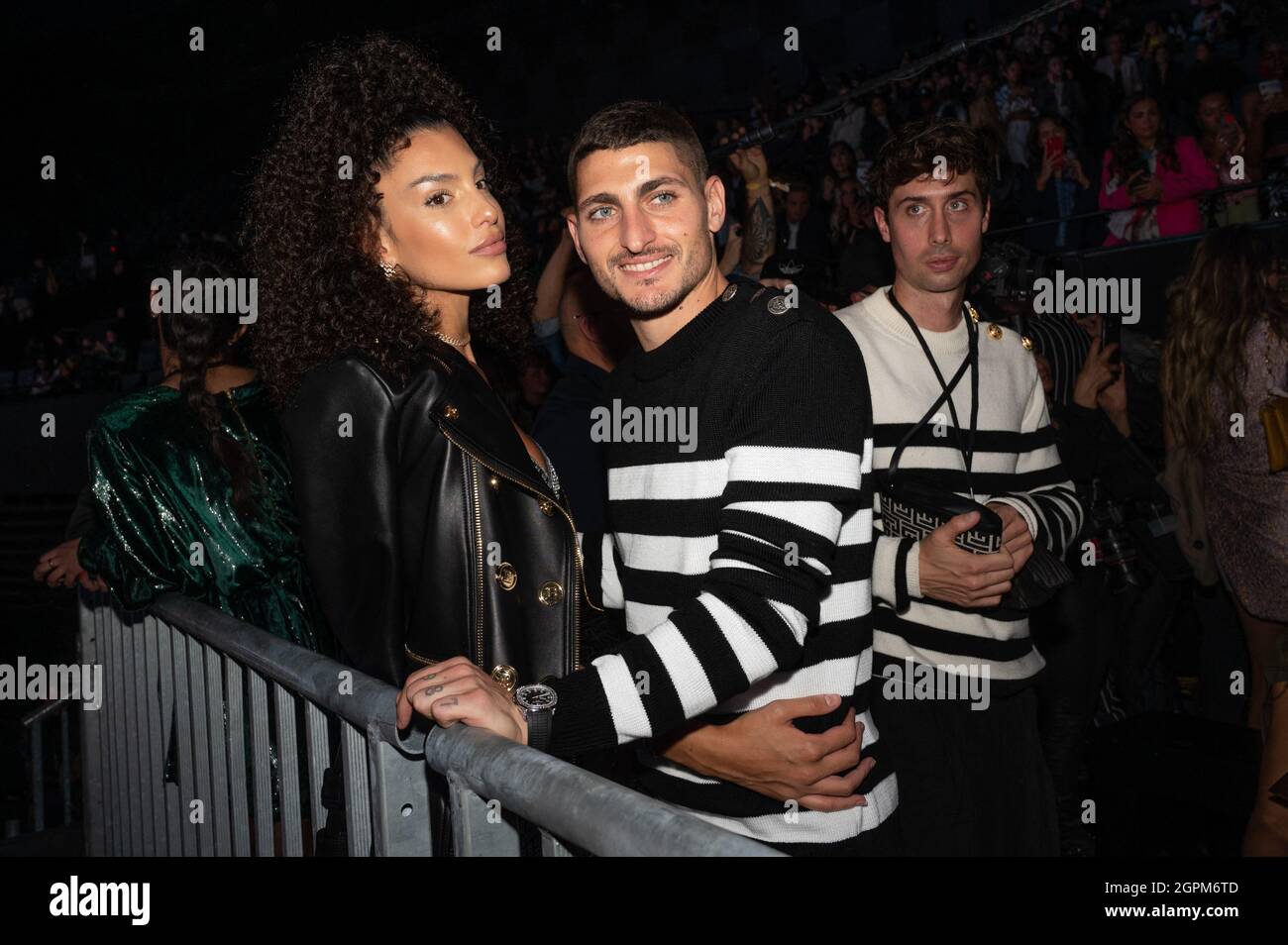 Marco Verratti and his wife Jessica Aidi attend the Balmain Festival as