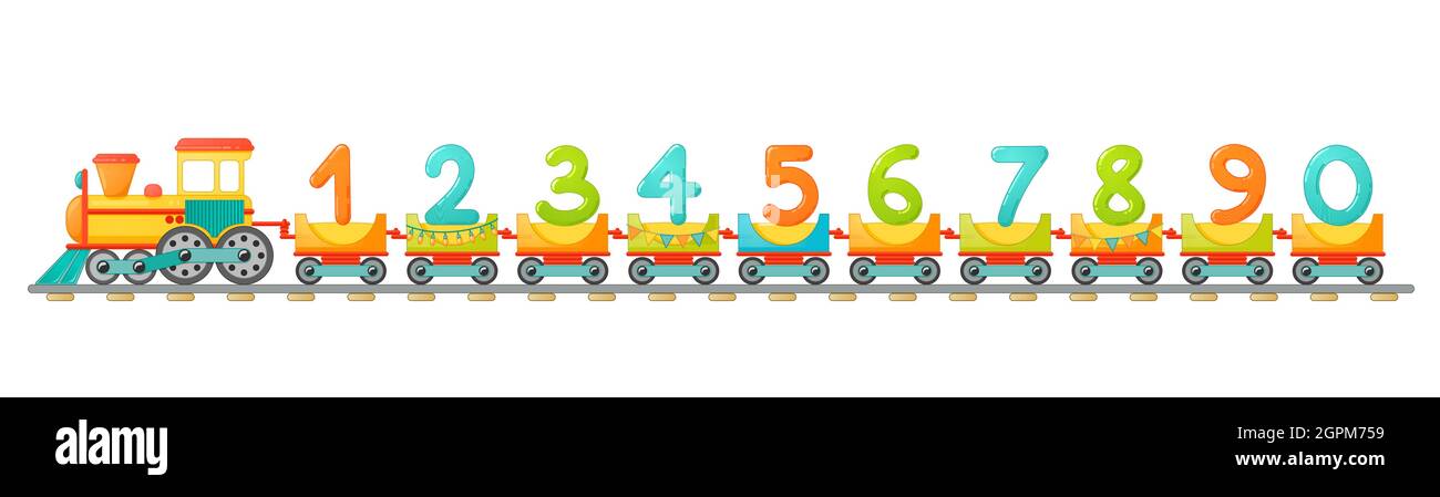 Train kids with numbers in cartoon style. Vector numbers for children math education in school, preschool and kindergarten. Stock Vector