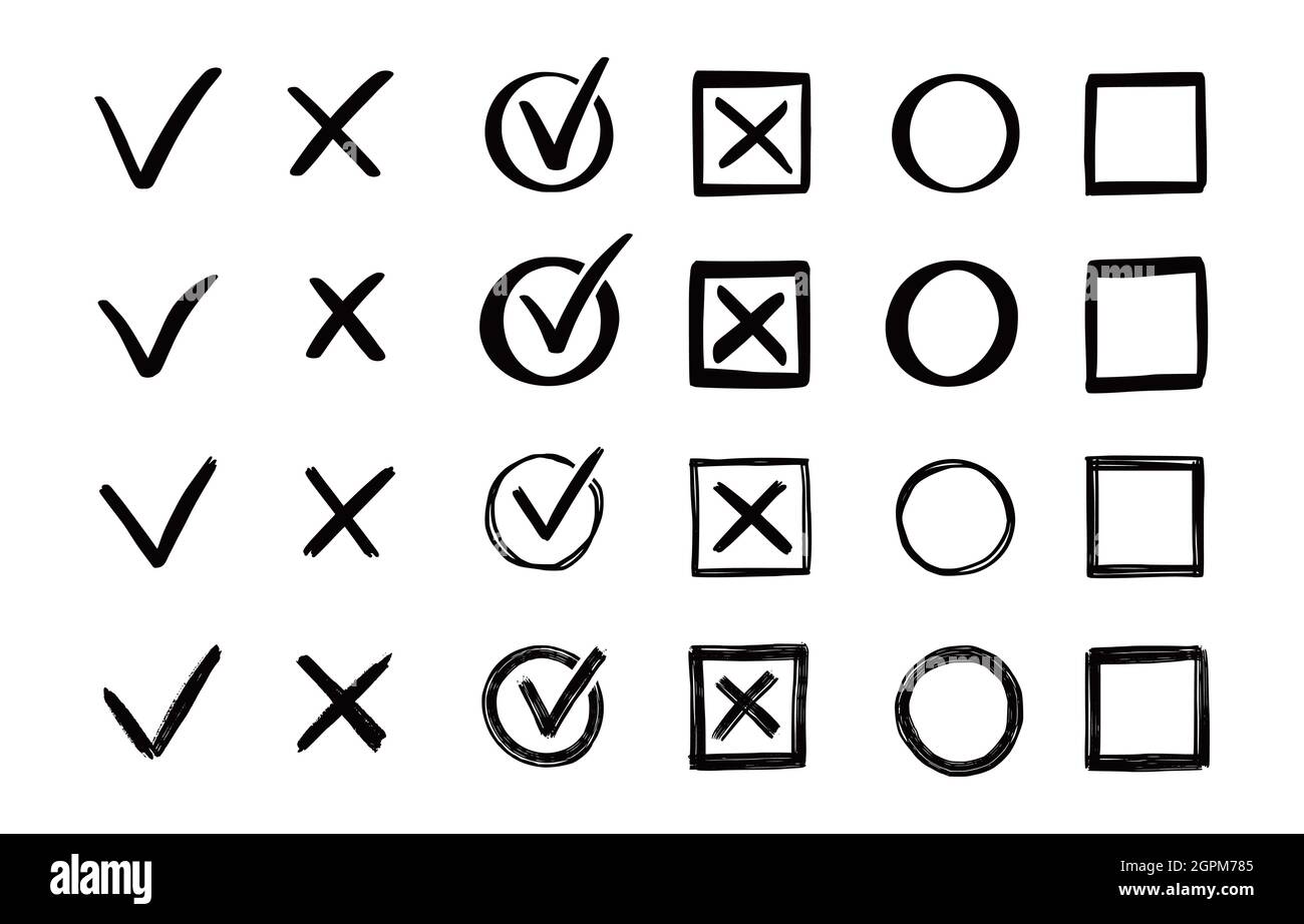 Doodle check mark e cross mark icon set check list símbolo