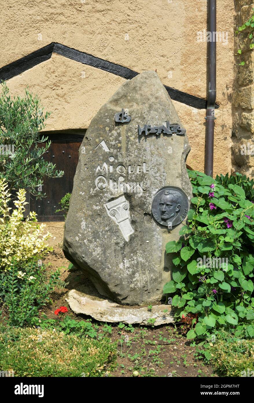 Memorial to the archaeologist Miquel Oliva i Prat in Hostalets de Bas located in the Garrotxa region of the province of Gerona-Catalonia,Spain Stock Photo