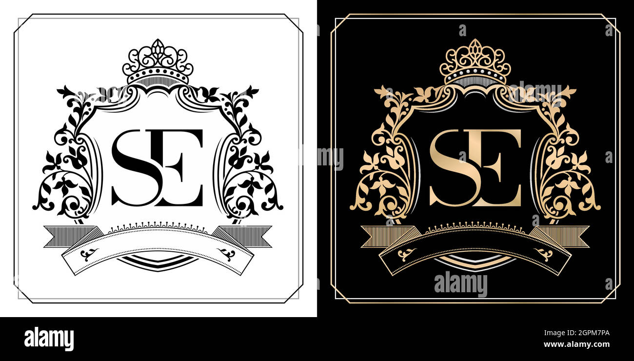 SE royal emblem with crown, initial letter and graphic name Frames Border of floral designs with two variation colors, SE Monogram, for insignia, initial letter frames, wedding couple name Stock Vector