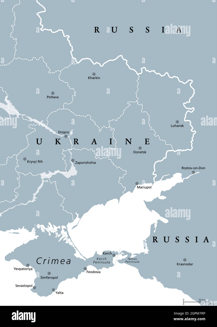 Eastern Ukraine, Crimea and Donbass, gray political map Stock Vector
