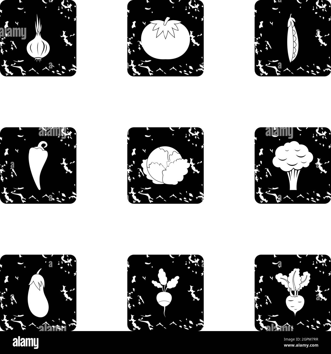 Vegetables icons set, grunge style Stock Vector