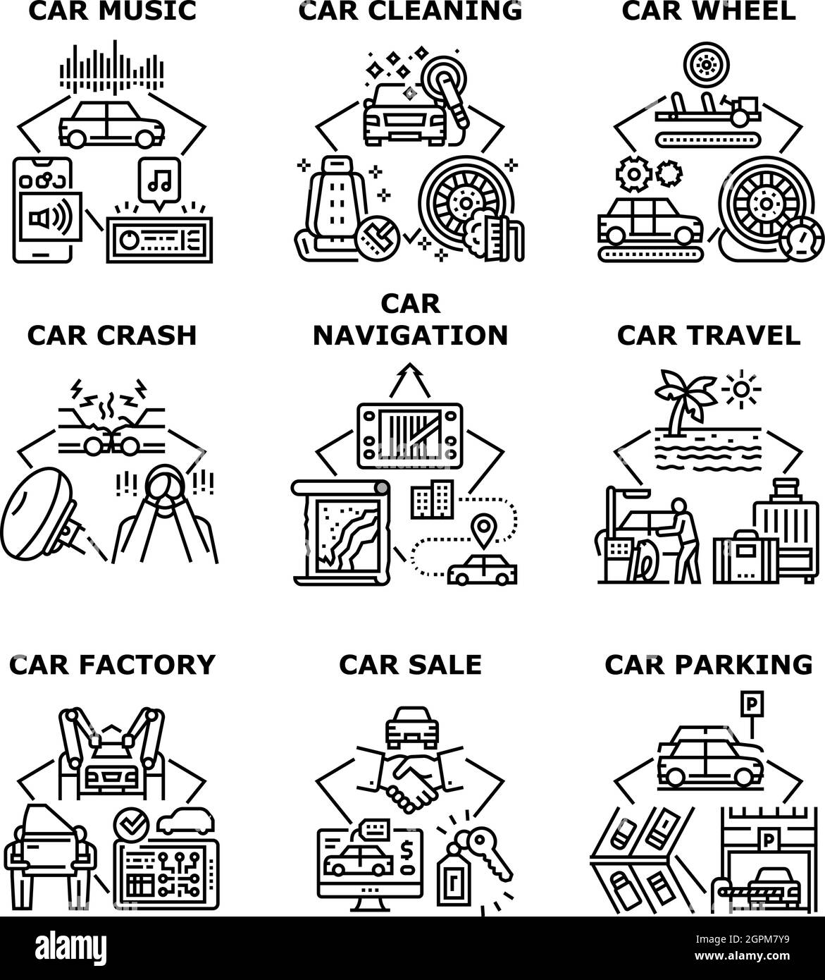 Car Travel Vacation Set Icons Vector Illustrations Stock Vector
