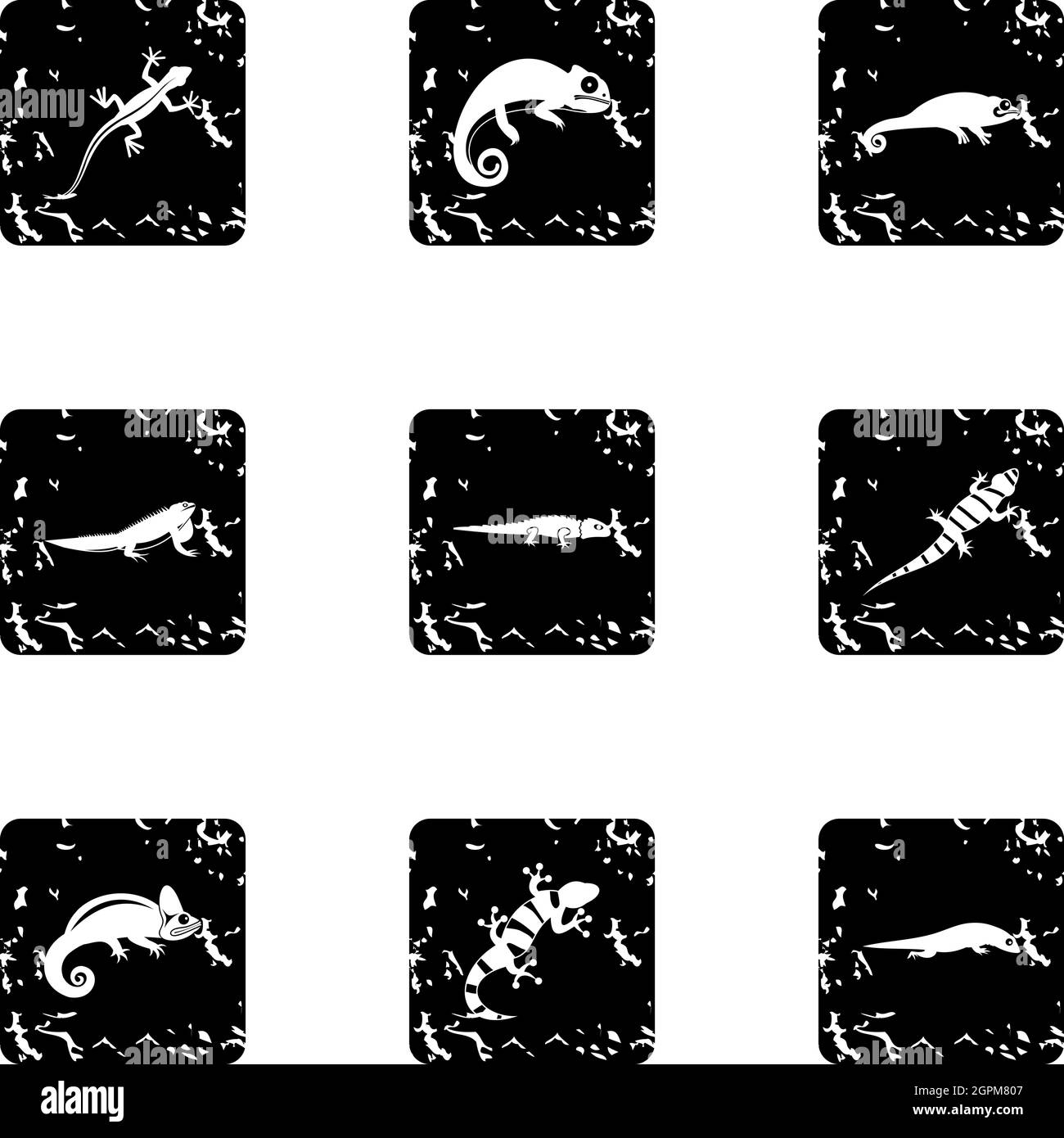 Iguana icons set, grunge style Stock Vector