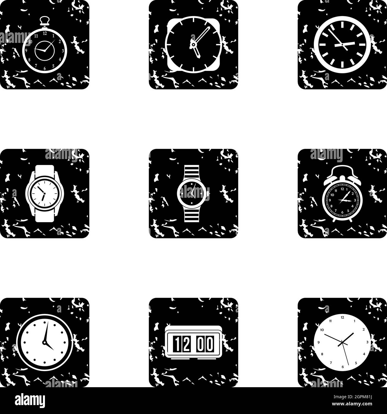 Watch icons set, grunge style Stock Vector