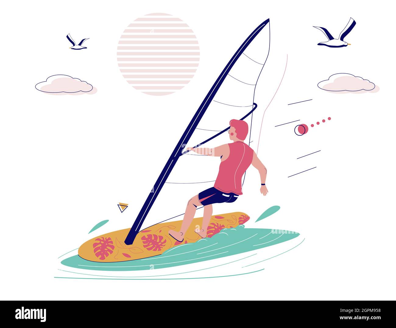 Man riding windsurfing board with sail, vector illustration