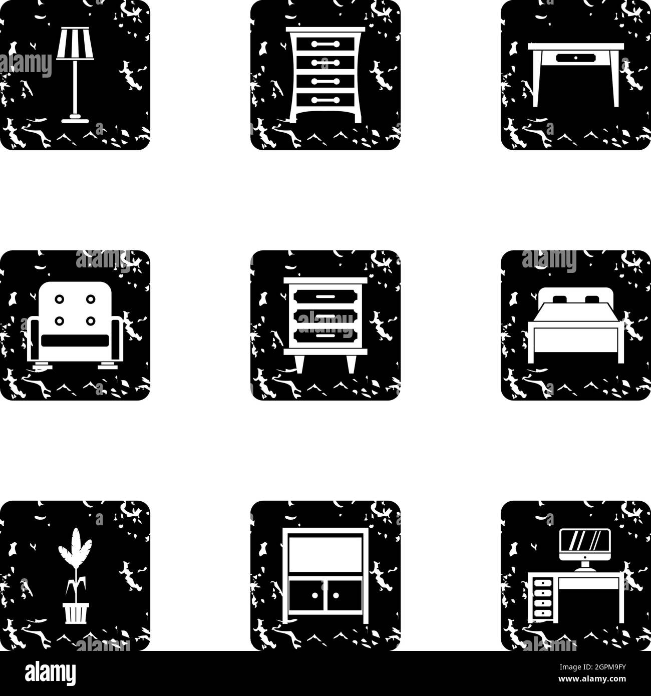 Home furnishings icons set, grunge style Stock Vector