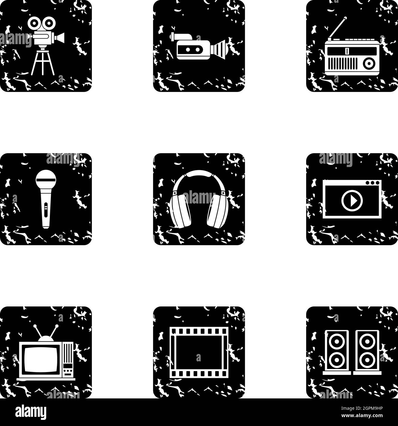 Broadcasting icons set, grunge style Stock Vector
