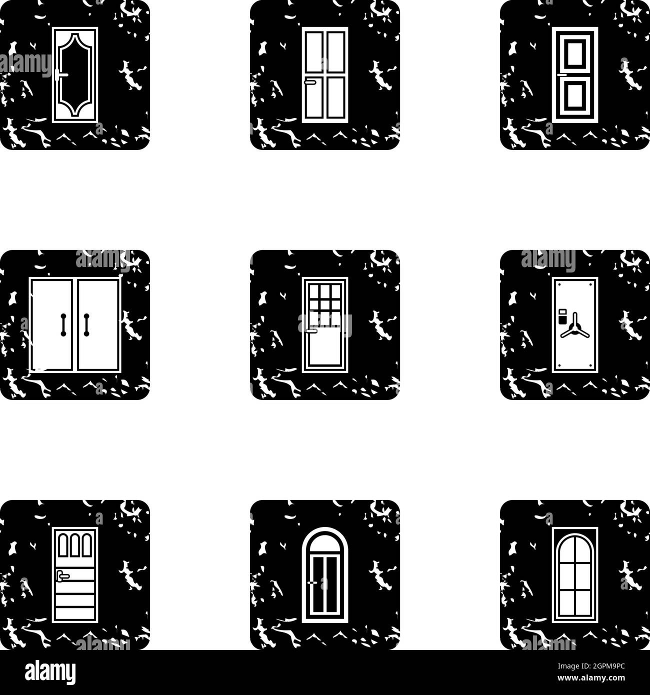 Door icons set, grunge style Stock Vector